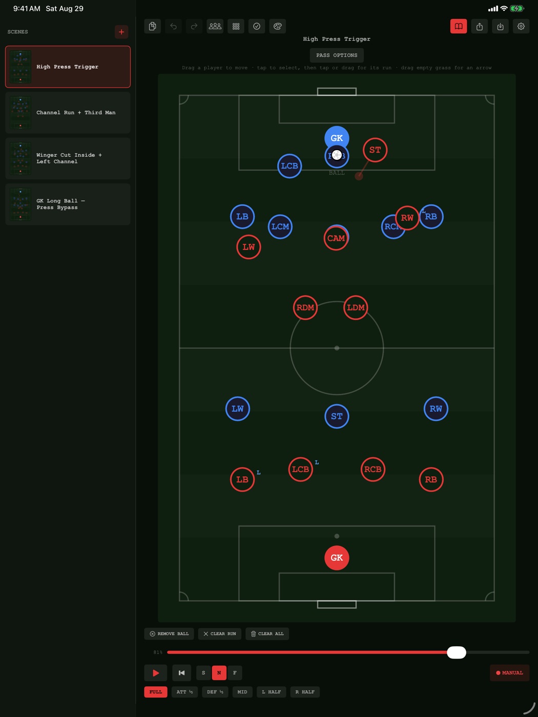 The Animated Tactics board on iPad, with the scene library open beside the pitch